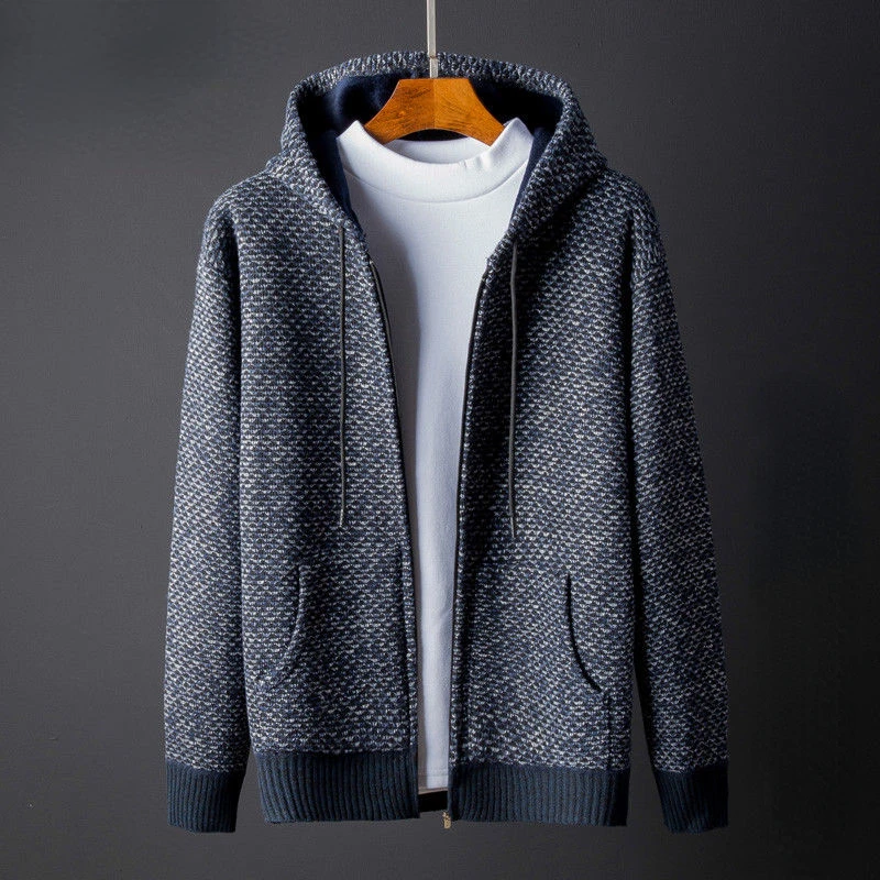 

2022 New Autumn and Winter Korean Hooded Men's Sweaters with Fleece Men's Cardigan Knitted Sweatercoats Casual Jacket H81