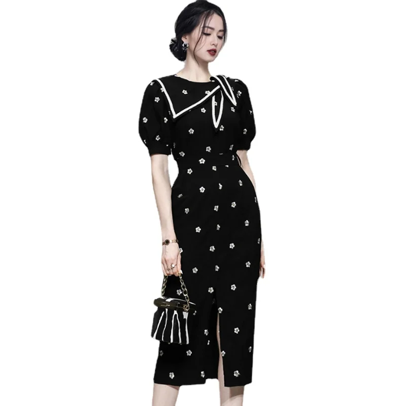 

2022 New Summer Embroidered Pencil Skirt Women OL Sheath Work Casual Slim Party Tight Dress Black Vestidos