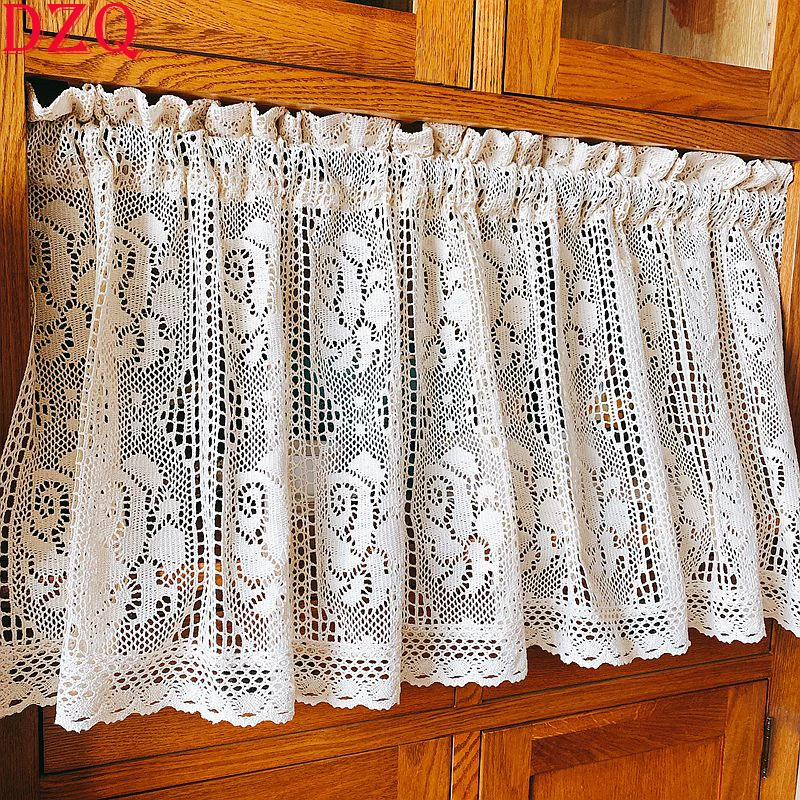 

American Country Crochet Hollow Short Curtains for Roman Window Kitchen Manual Rose Lace Half Curtains Valance #A036