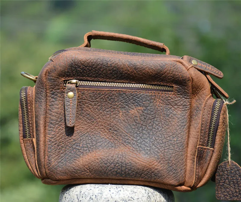 PNDME vintage crazy horse cowhide men's daily crossbody bags outdoor casual  luxury genuine leather shoulder bag small handbag