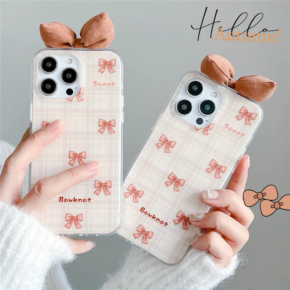 

Korea Sweet 3D Cute Bow Knot Phone Case For iPhone 14Pro 13 12 11 11Pro Max Full Shockproof Silicone IMD Soft Back Covers Fundas