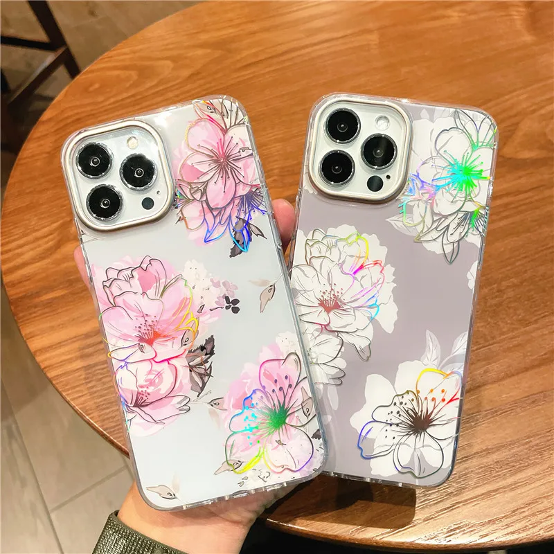 

Gorgeous Clear Electroplate Aurora Flower Soft Bumper Phone Case For IPhone 12 13 11 Pro Max X Xr 7 8Plus SE Cute Delicate Cover