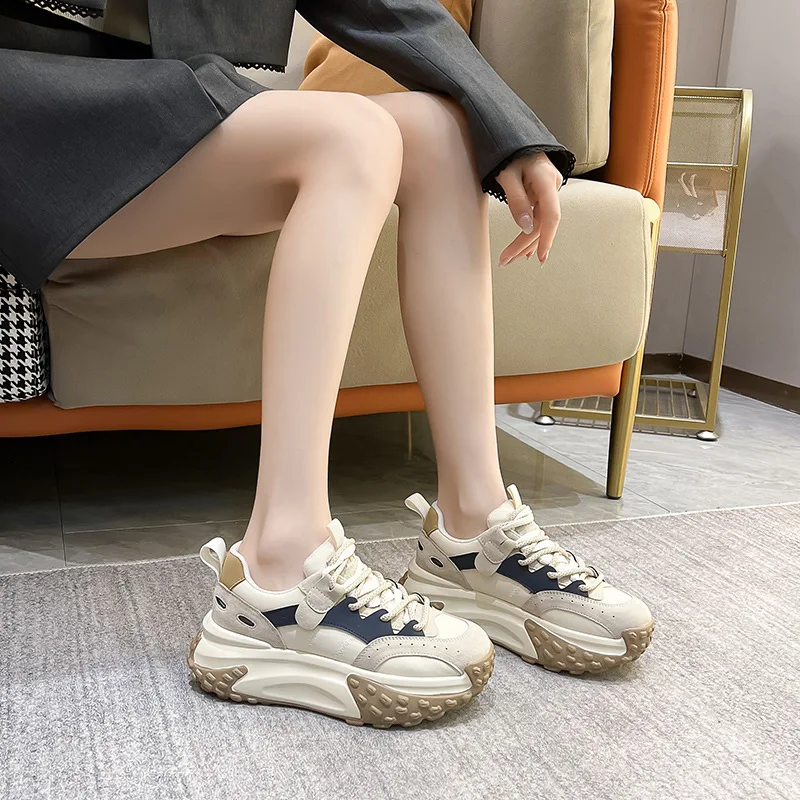 Autuspin 5cm Platform Mixed Colors Women Sneakers 2023 Retro Genuine Leather Four Season Vulcanize Shoes Casual Outdoor Size 39