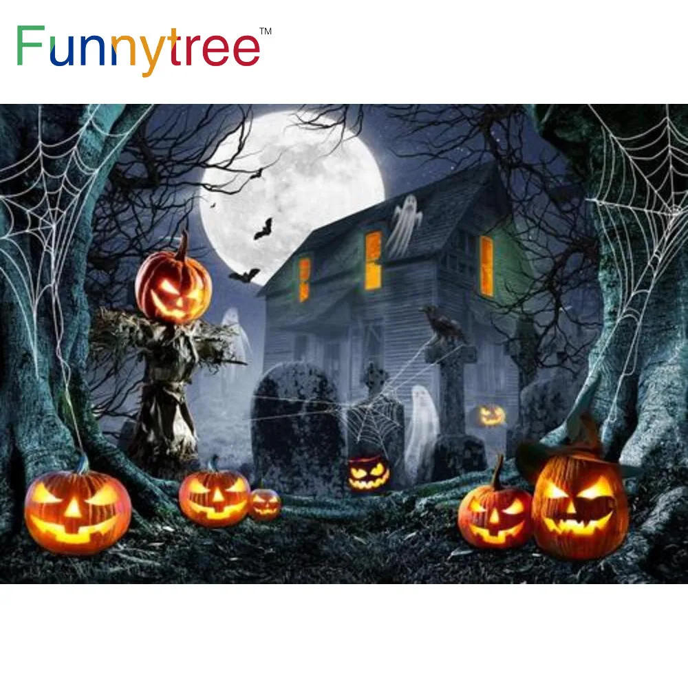 

Фон Funnytree для фотосъемки на Хэллоуин, лес, луна, дом с привидениями, пугало, тыква, фон для фотосъемки, день рождения, баннер для детского душа