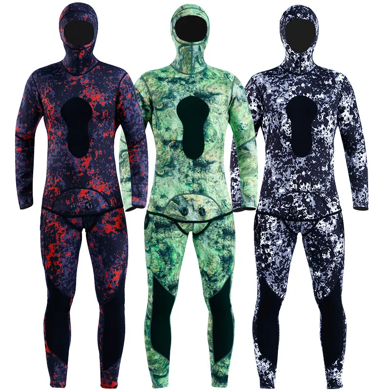 2 Pcs Set 3mm Neoprene Upf50 Wetsuit Men's Hooded Camouflage Scuba Diving Suit Snorkeling Spearfishing Wetsuit Thermal Swimsuit