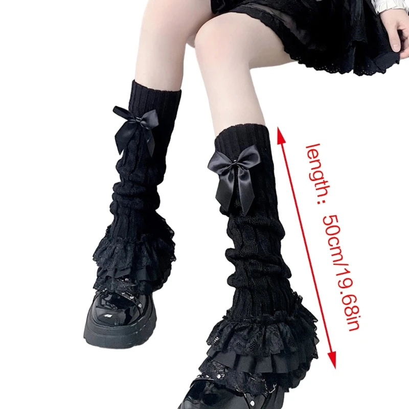 Вязаные гетры с твист-кабелем женские милые многоярусные рюшами и кружевным