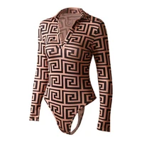 retro vibes ladies maze pattern v neck long sleeve collar bodysuit bodycon tops for women girls