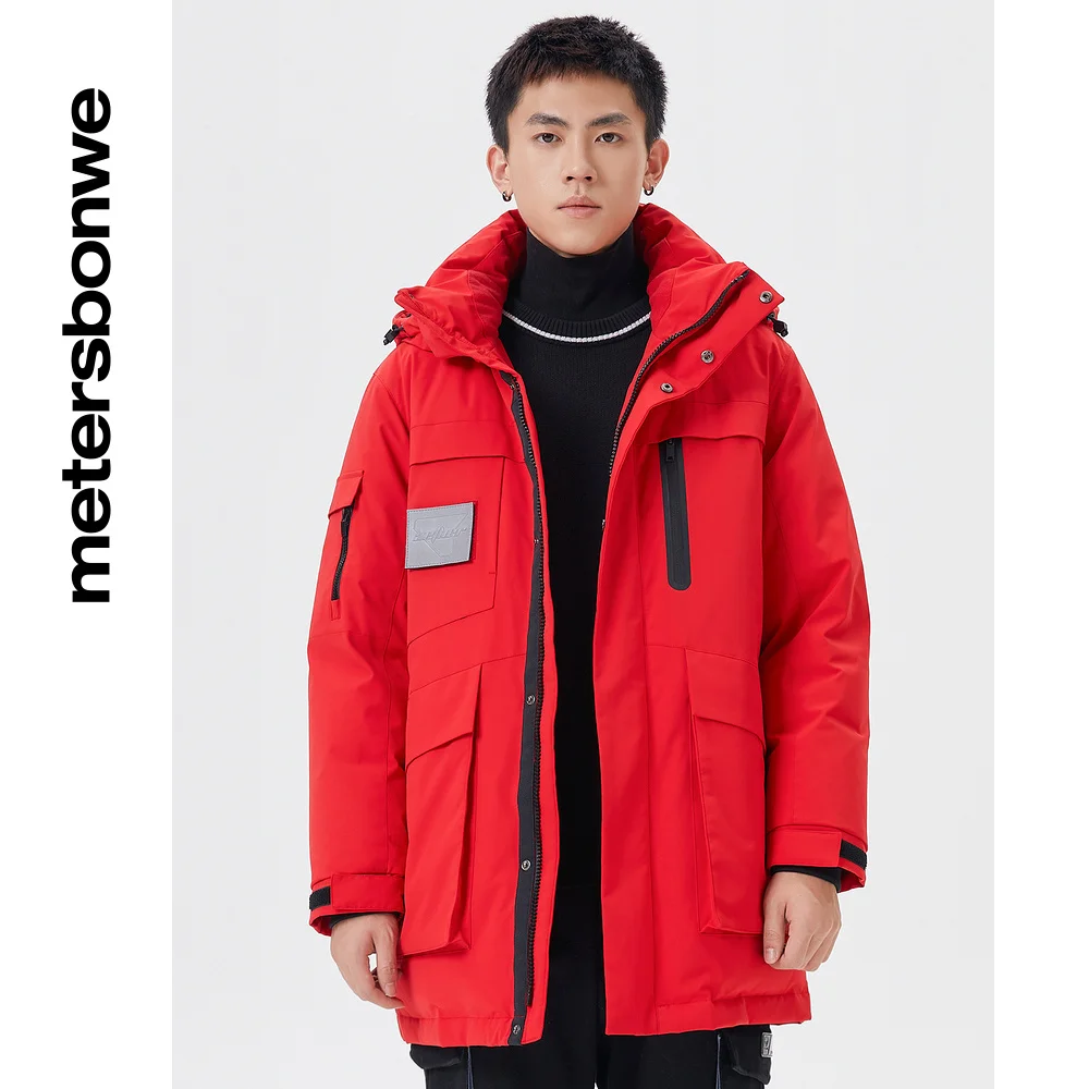 Metersbonwe Hooded Long Down Jacket Men Winter Warm Coat in Multiple Bags Anti-snow Down Coat Male Brand Outerwear Christmas Red