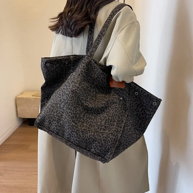 Big Capacity Handbag for School Work Shopping Leopard Print Canvas Tote Bag Women 2025 Fashion Original Design Commuter