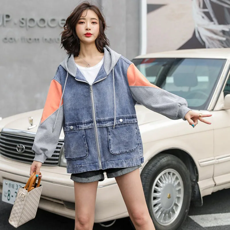 

Vintage Hooded Splicing Fake Two Denim Jacket Women Short Cowboy Coat 2023 Autumn Frayed Pocket Female Outwear Casual Ropa Mujer