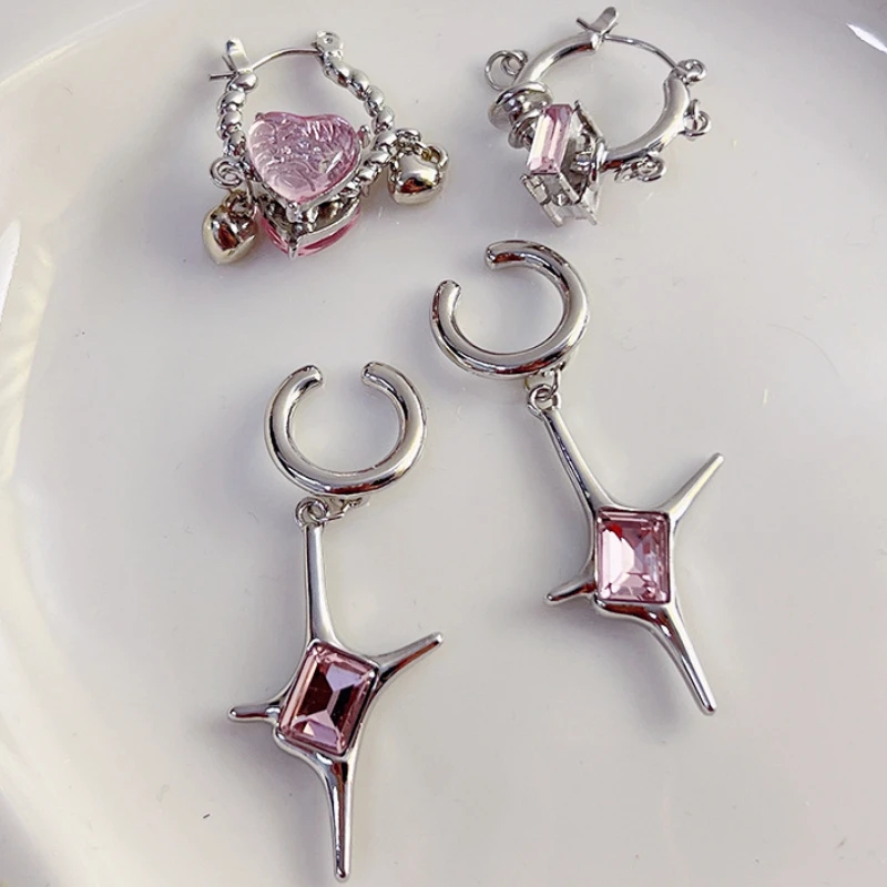 

Y2k Girls Irregular Pink Love Earring Asymmetrical Cross Zircon Tassel Lava Earrings for Women Kpop Statement Jewelry Pendientes