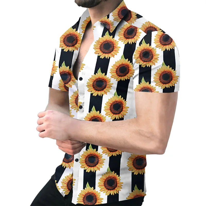 Summer Men's Slim Fit Chemise Geometric Print Shirts Men Turn-down Collar Buttoned Shirt Casual Short Sleeve Cardigan Streetwear
