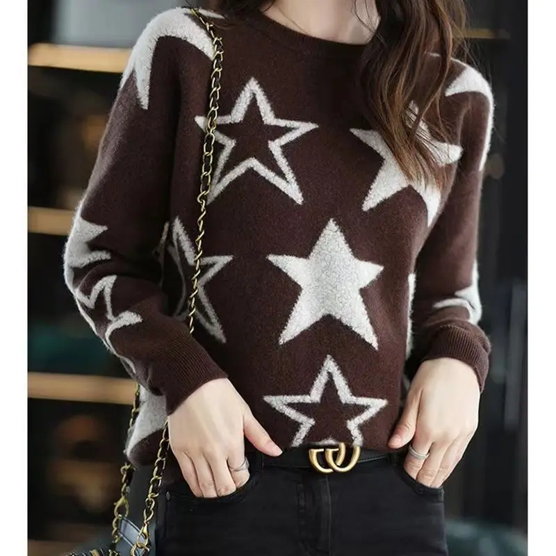 Женская одежда с геометрическим рисунком пуловер длинным рукавом и круглым