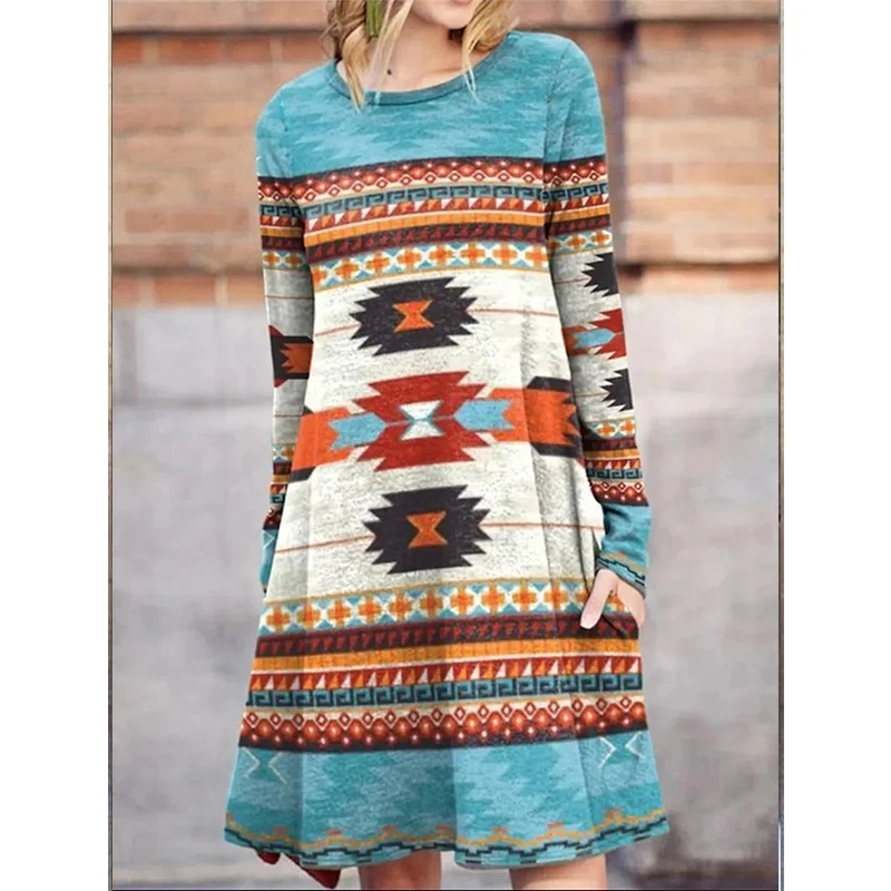 

Spring 2022 New Printed Bohemian Long Sleeve Dress A-line Woman Dress O Neck Loose Casual Vintage Elegant Bodycon Dress