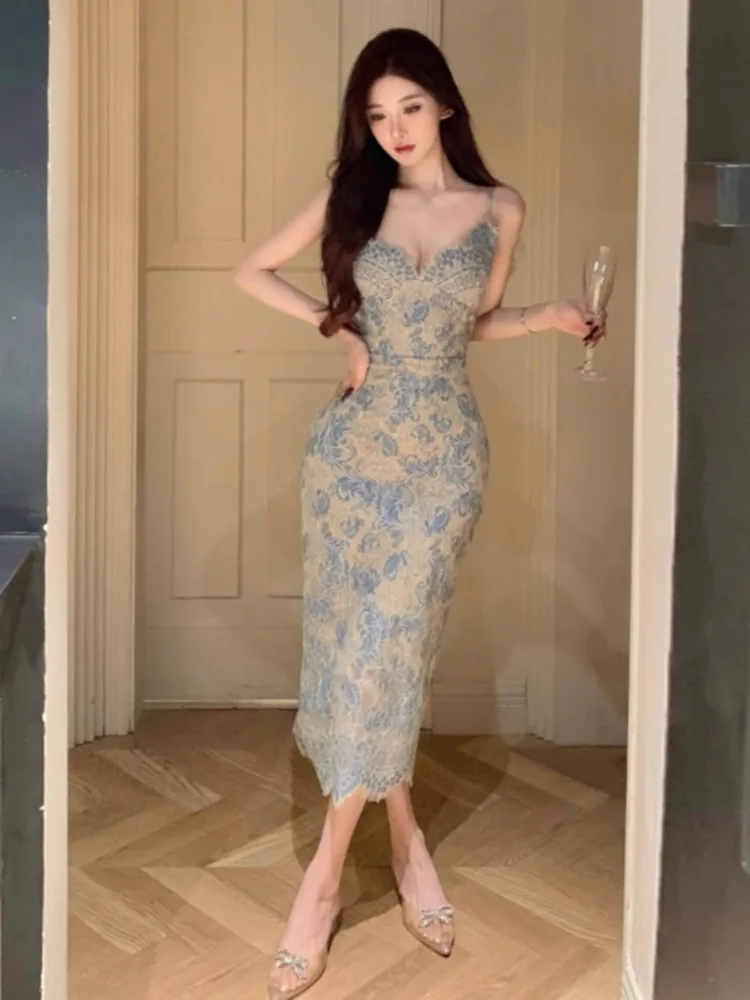 Сексуальные кружевные женские платья Kimotimo с цветочным принтом на бретелях