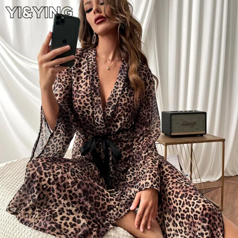 

YI&YING] Bathrobe European and American Pajamas Sexy Morning Gown Home Clothing Comfortable Women's Leopard Print Pajamas WZC801