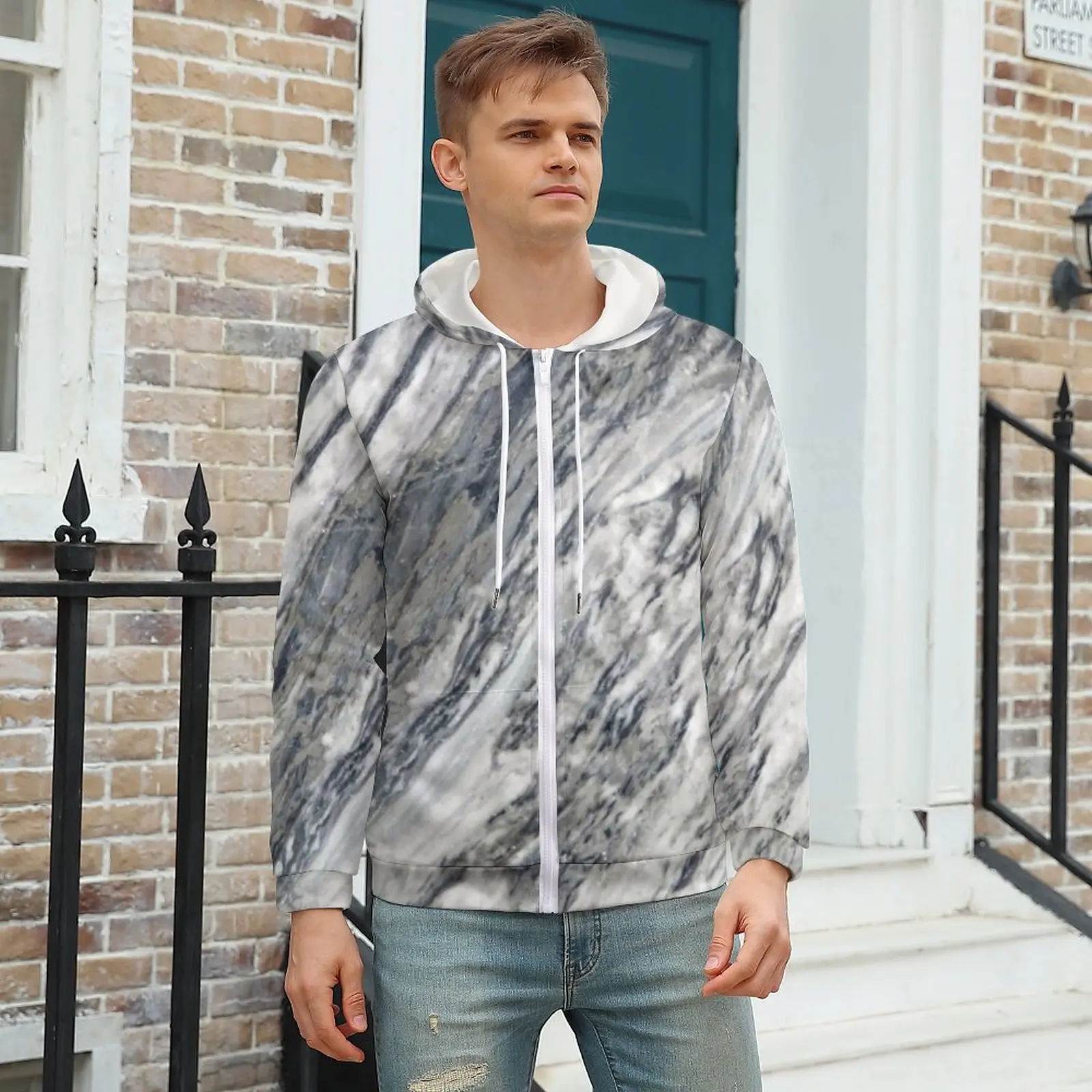 

Gradient Marble Hoodies White And Grey Natural Marbles Waterfall Autumn Polyester Hoodie Streetwear Zip Up Hoodie Mens Plus Size
