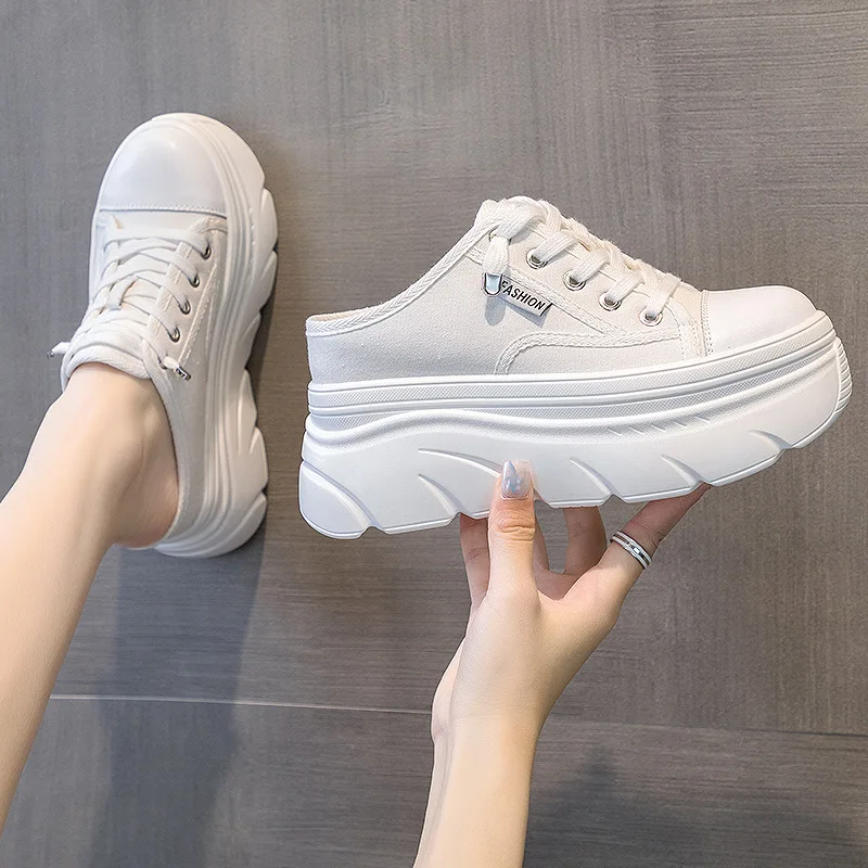 2023 New 9cm Canvas Genuine Leather Women Summer Shoes Wedge Sneakers Platform Slippers Shoes Slip on Sandals Slideds High Heel