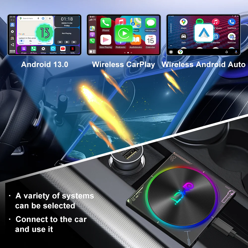 UPOSBOS Carplay Ai Box Android 13 окружающая стандартная беспроводная Автомобильная QCM6225 8 ГБ +