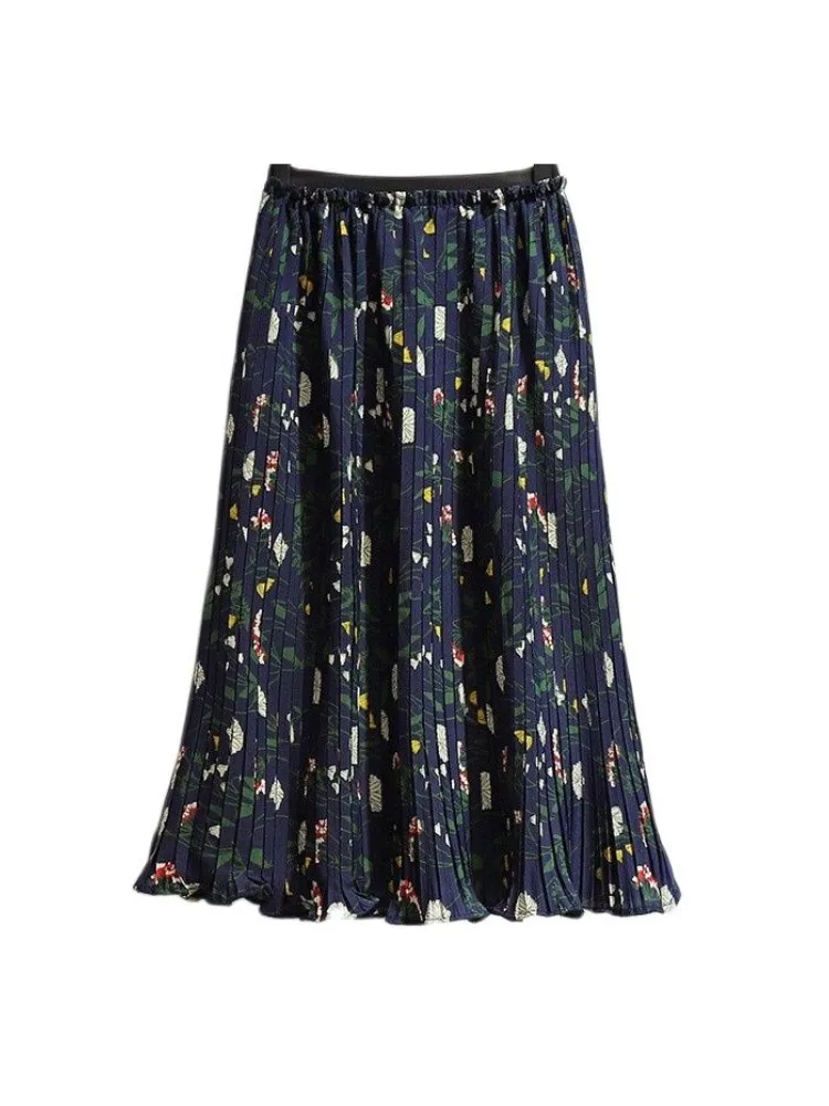 

Women Spring Summer Midi-length Skirts Femme Floral Print Pleated Bottoms Elastic High Waist Elegant Skirt For Mujers