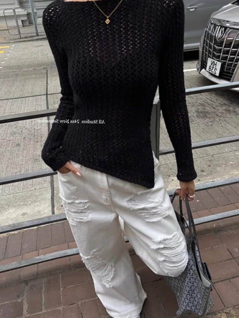 Ажурный свитер с круглым вырезом женская летняя новая Асимметричная ажурная