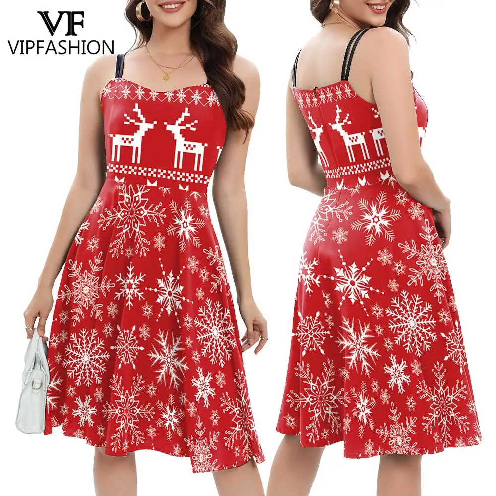 VIP FASHION Woman Snowflake Christmas Dress Sweetheart Neck Sphagetti Strp New Year Up Fancy Costume Xmas Clothes