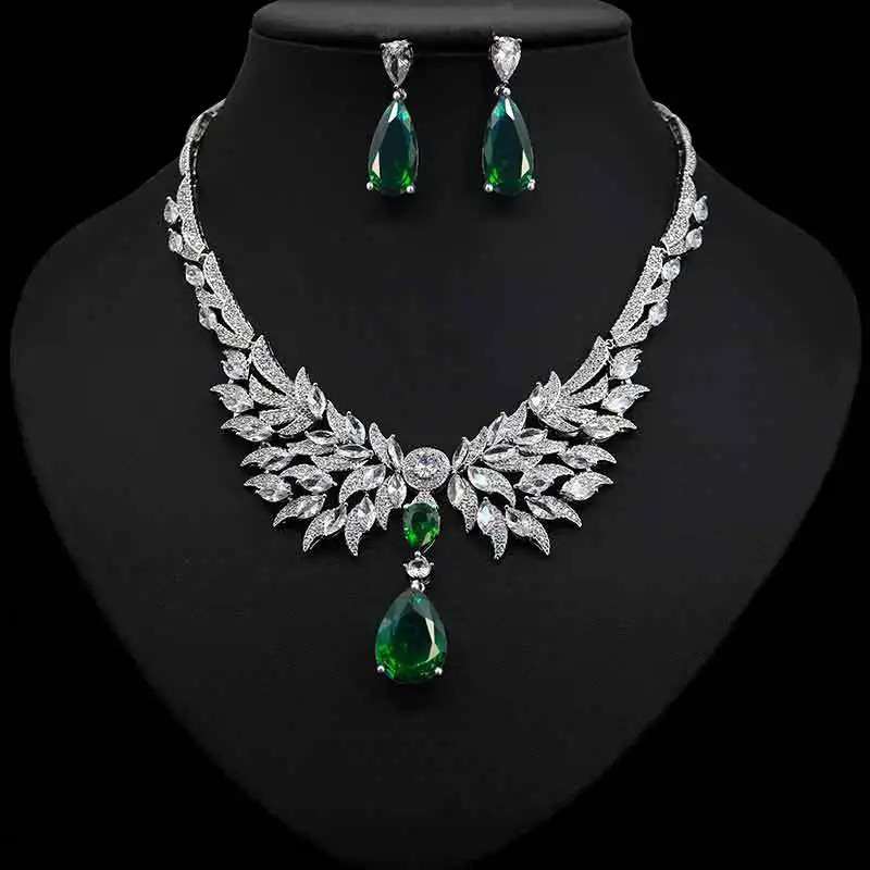 

HIBRIDE Leaf Water Drop Women Bridal Jewelry Sets Cubic Zirconia Necklace Pendants Earring Set Dubai Nigeria Wedding Bijoux N-98