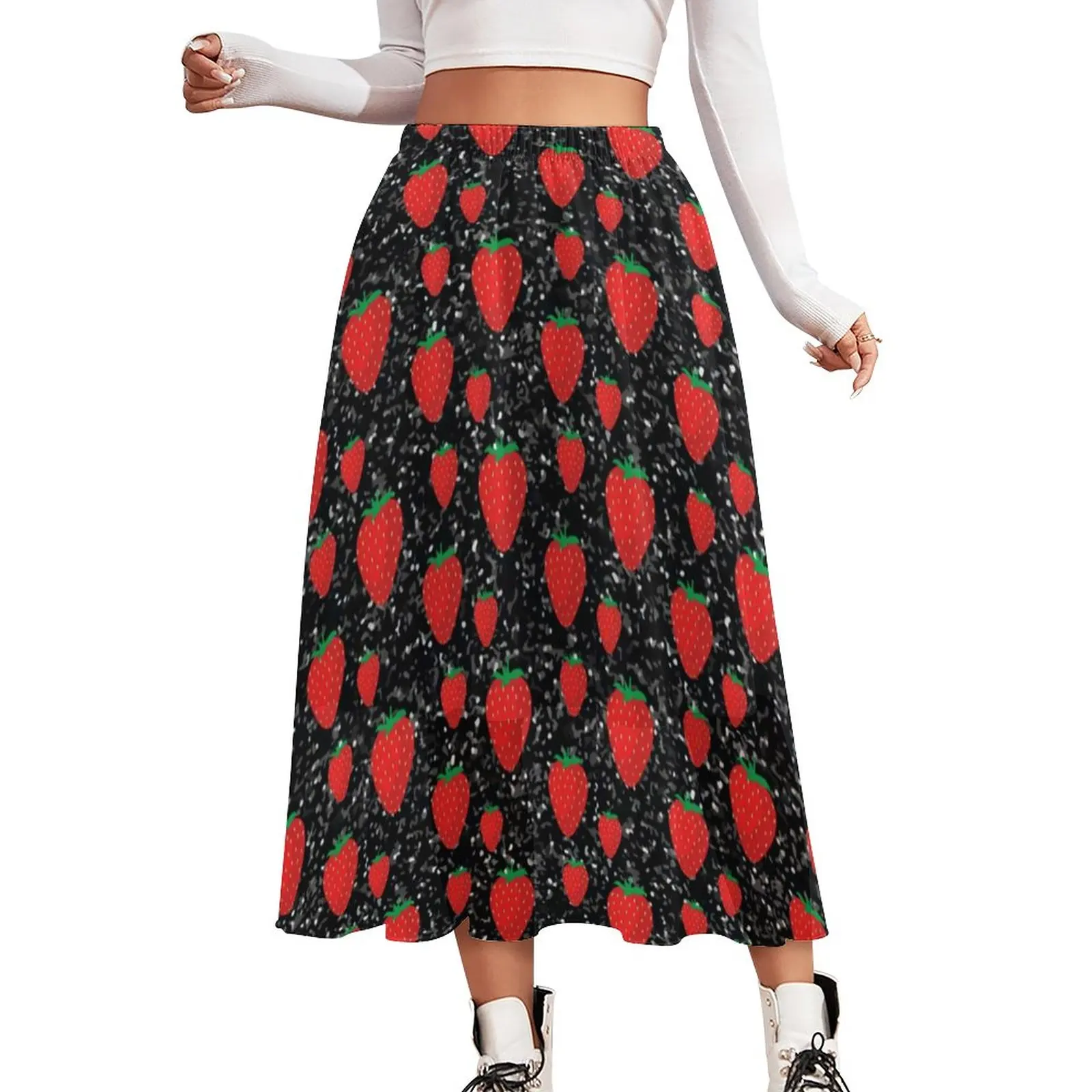 

Sweet Fruit Lovers Chiffon Skirt Red Strawberry Berries Korean Fashion Long Skirts Cute A-line Skirt High Waist Print Clothing