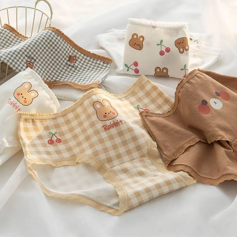 

Sweet Checkered Cherry Coffee Bear Cute Girls Panties Ladies Briefs Cotton Crotch Mid-waist Comfortable Women Underpants