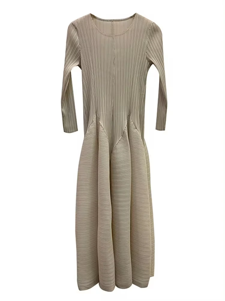 Женское плиссированное платье-макси ANLAN с круглым вырезом и длинными рукавами