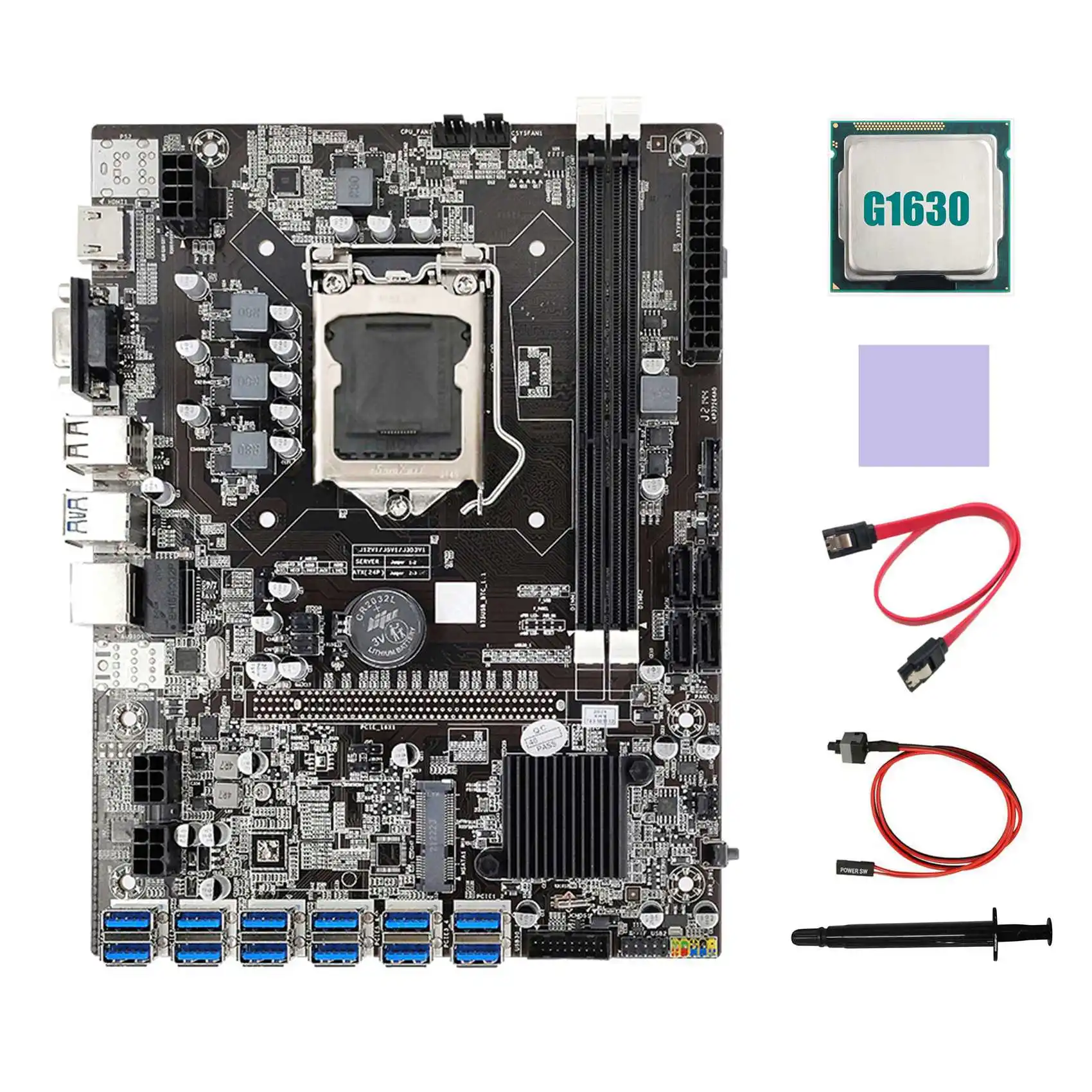 B75 ETH Miner Motherboard 12 PCIE to USB3.0+G1630 CPU+Thermal Grease+Thermal Pad+SATA Cable+Switch Cable Motherboard