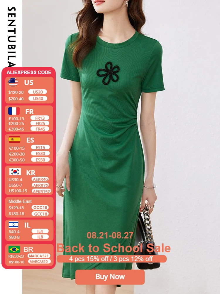 

Sentubila Elegant Summer Black Dress for Women Fashion 2023 Chic Short Sleeves Shirring Mid Waist Slim Midi Dresses
