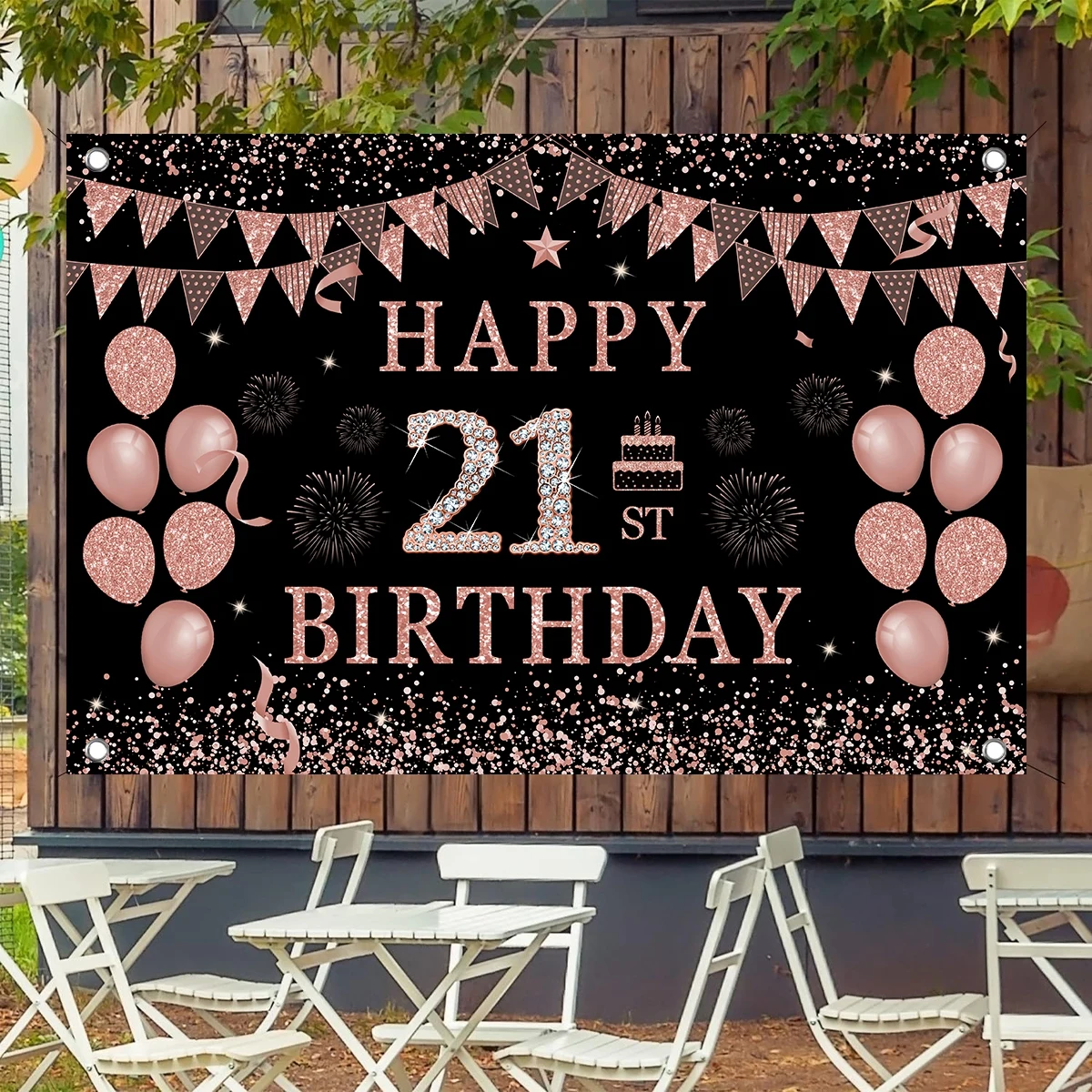 Фон для фотосъемки с днем рождения Черный Розовый Блестящий 16 21 30 40 50 60 лет