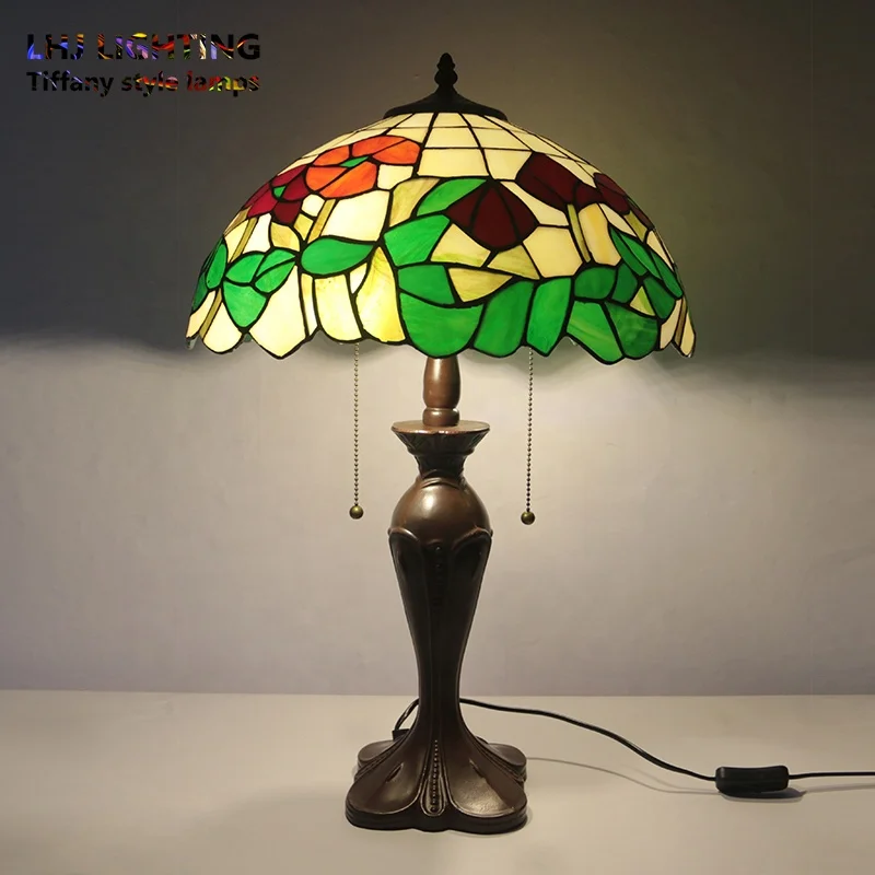 

LongHuiJing 16Inch Rustic Large Tiffany Lamp Stained Glass Flower Lampshade Table Lamps With Vintage Resin Base