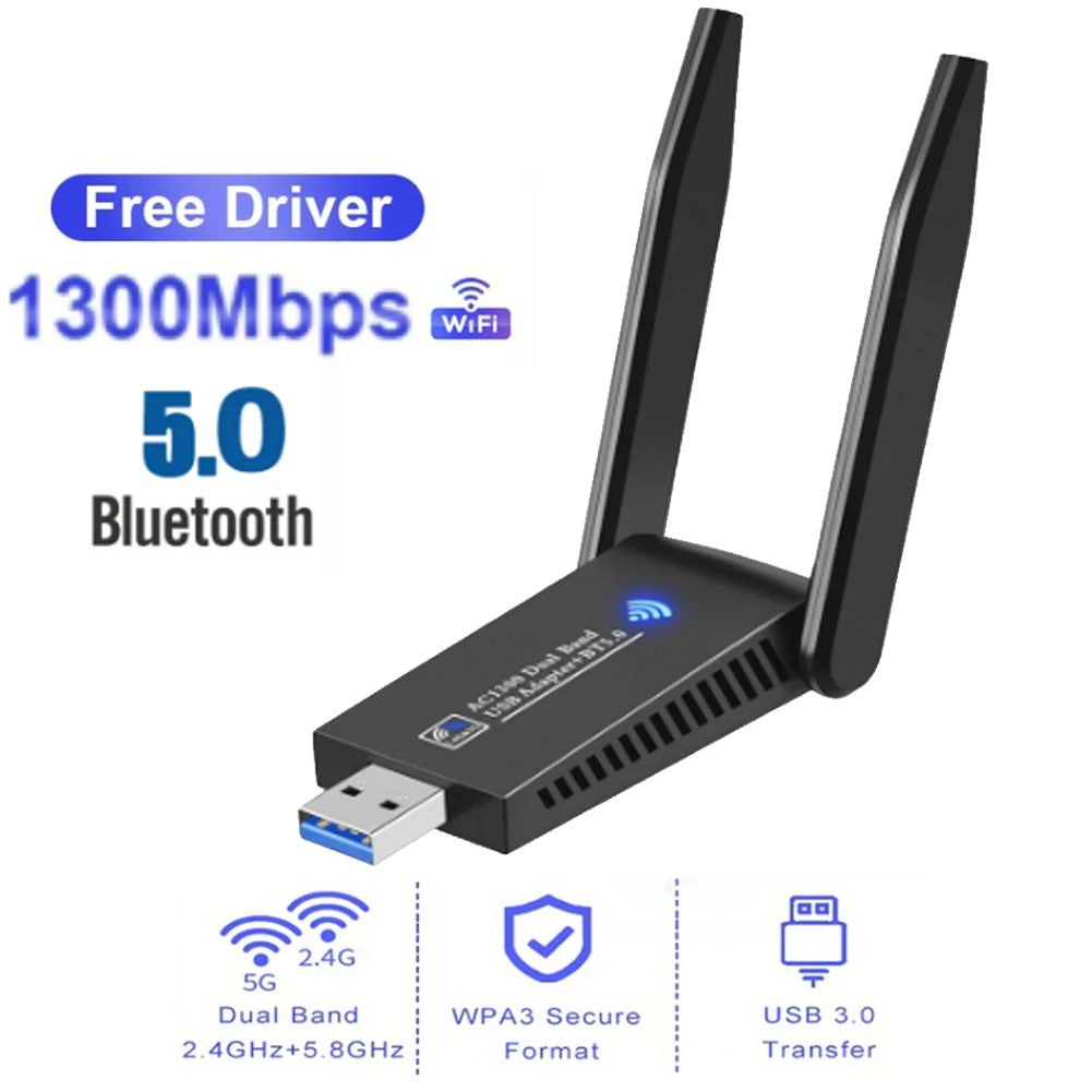 

Wireless Bluetooth WiFi Dongle USB 3.0 Adapter WiFi Network Card 2.4G/5G 1300Mbps Dual Antenna Home Wifi Router Ethernet Adapter
