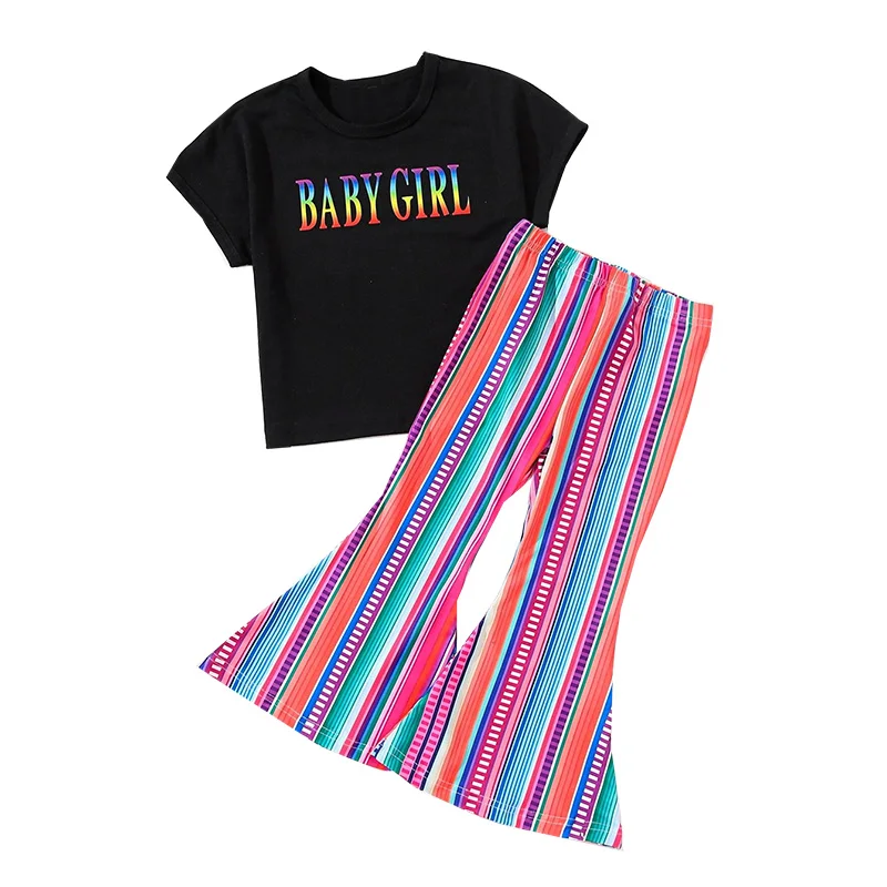 

Бутик детской одежды live life in full bloom синий топ с коротким рукавом с цветочным принтом штаны-колокольчики для девочек комплекты