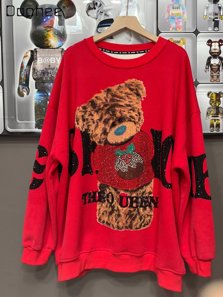 

Bear Fleece Hoodies Women 2023 Autumn and Winter New Heavy Embroidery Hot Drilling Long Sleeve Round Neck Pullover Sweatshirts