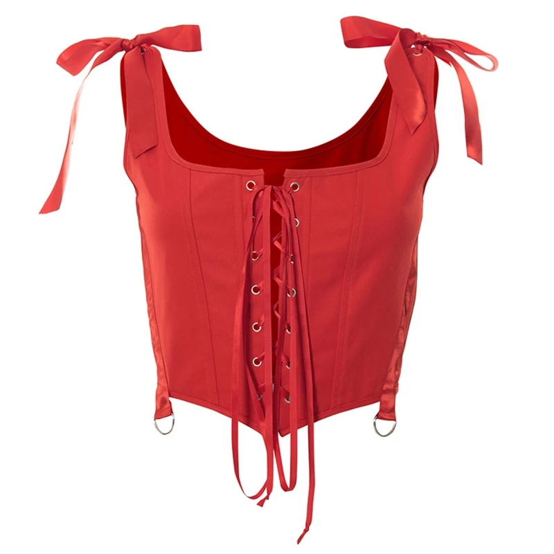 

Q39C Bows Suspenders Sexy Bustiers Crop Top Lace Up Tank Tops Vest Tops For Women Sexy Retro Corset Tops Bustier