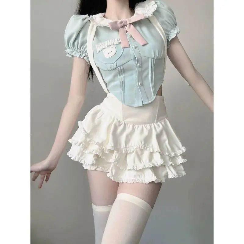 Летний комплект из двух предметов с бантом Женский милой юбкой-мини в стиле Kawaii