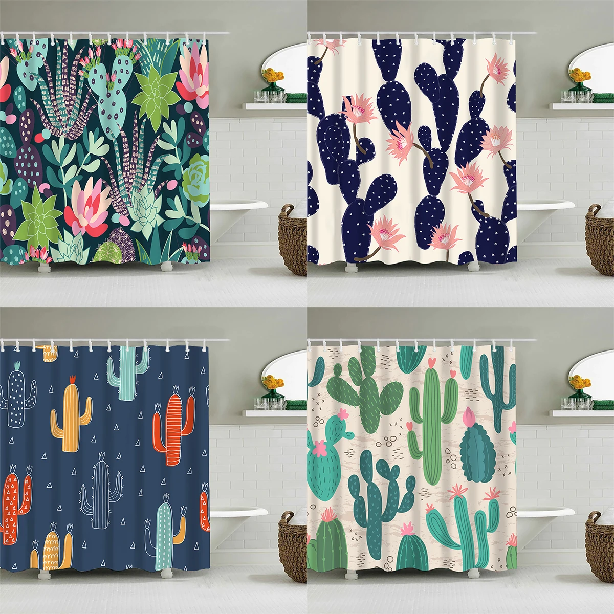 

Cactus Shower Curtain Botanical Floral Bath Curtain for Stalls Bathtubs Boho Succulent Bathroom Shower Curtain Set 3D Cartoon