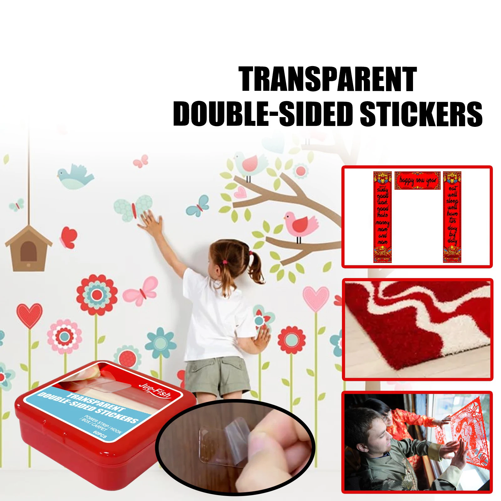 

60pcs tracsless double sided tape transparent no trace reusable waterproof adhesive tape wall stickers bathroom decoration