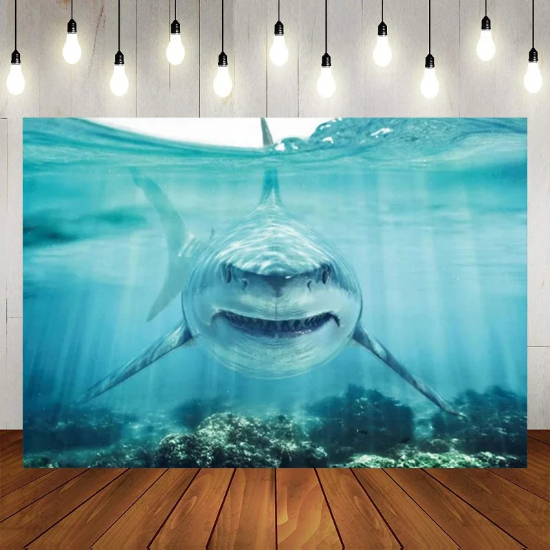 

Great White Shark Coral Reef Under The Sea Baby Shower Wonderland Birthday Party Photography Backdrop Background Banner Decor