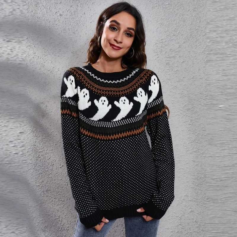 

Halloween Round Neck Pullover Women's Sweater Knitted Top Winter Warm Leisure 2023 Versatile Comfort Ghost Loose Knit Sweater