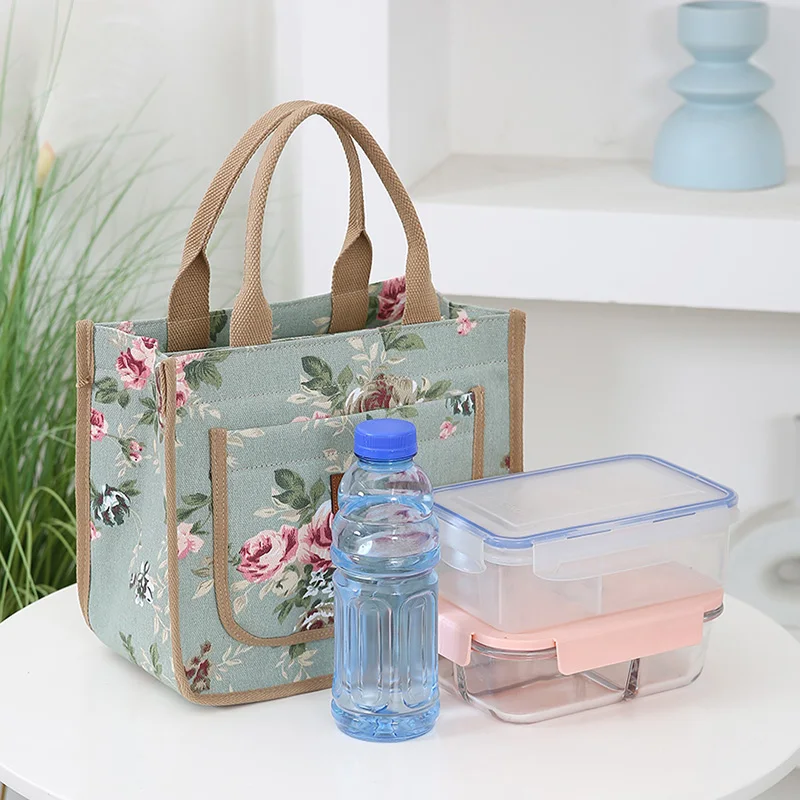 New Fashion Canvas Flower Print Handbag Work Carrng Commuter Lunch Box Bag Large Capaci Outing Mummy