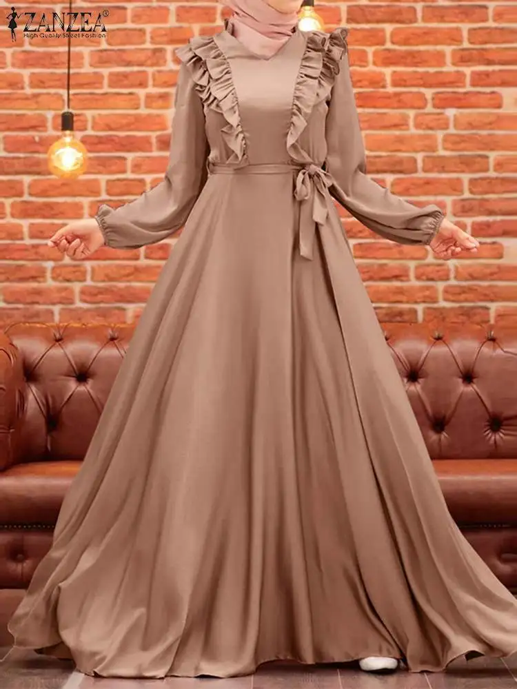 

Autumn Maxi Long Dress Muslim Abayas For Women Eelgant Ruffles Sundress ZANZEA Full Sleeved Solid Loose Vestidos Isamic Clothing