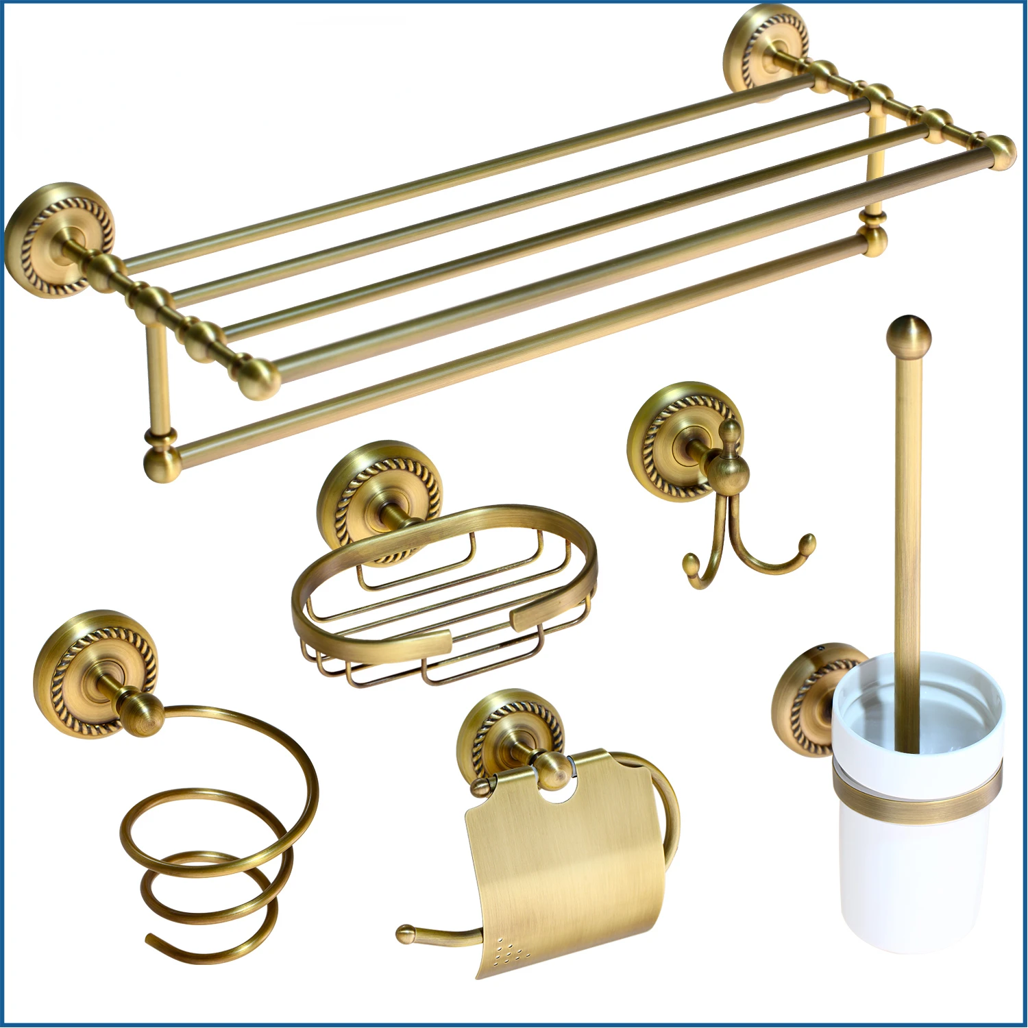 

Antique Brass Bathroom Accessories Paper Holder Toilet Brush Rack Commodity Basket Shelf Soap Dish Robe Hook Hair Dryer