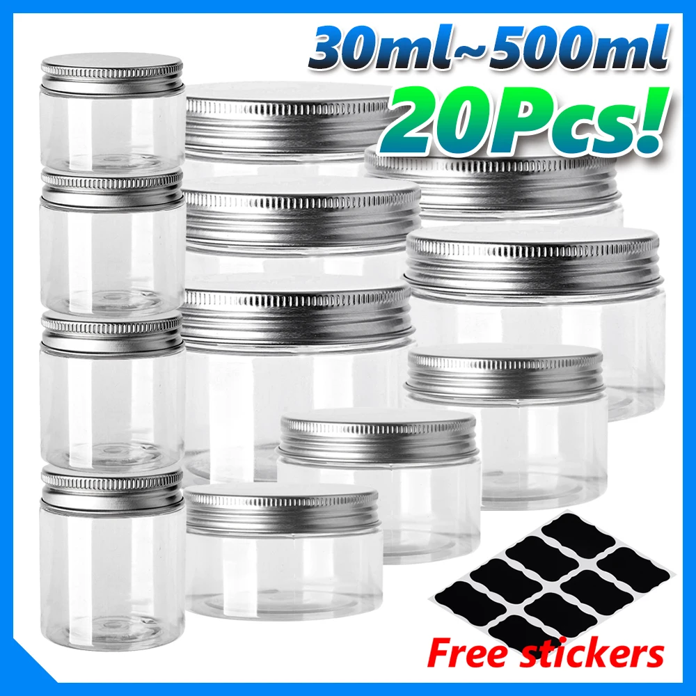 

20pcs 30ml - 500ml Clear Round Wide Mouth Plastic Container Balm Aluminum Cap Storage Jars Refillable Canister Travel Bottle Pot