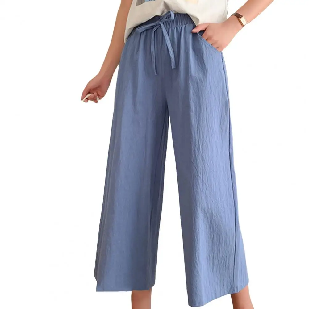 Pants Women Mid-rise Elastic Waistband Drawstring Straight Wide Leg Pockets Women Pants Vintage Polyester Solid Color Pants