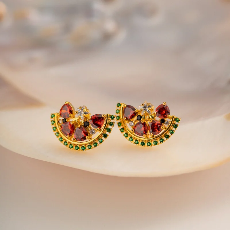 

ALLNEWME Cute Shiny Rhinestone Hollow Out Watermelon Stud Earrings 14K Gold Plated Brass Earring for Women Girls Party Jewelry