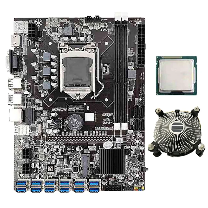 B75 BTC Mining Motherboard with G530/G630 CPU+Cooling Fan 12 USB3.0 to PCIE GPU Slot LGA1155 DDR3 RAM SATA3.0+MSATA VGA
